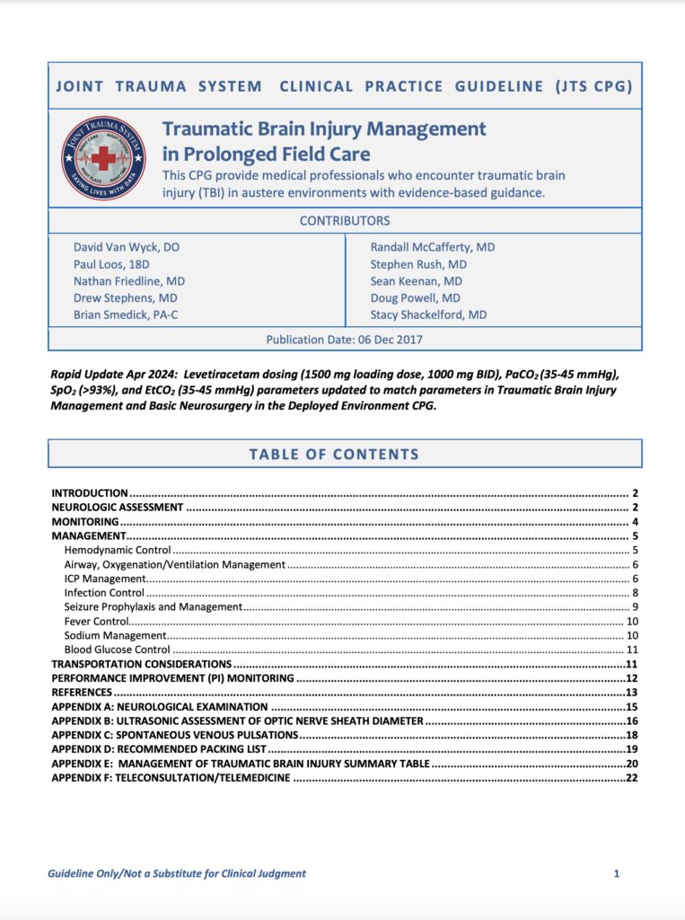 Joint Trauma System Clinical Practice Guideline (JTS CPG) Traumatic Brain Injury Management in Prolonged Field Care